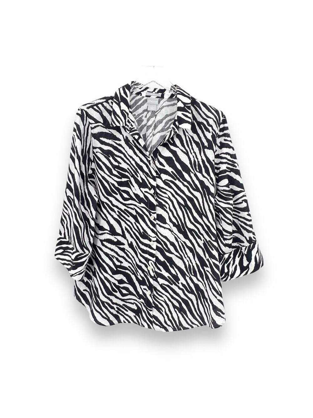 Chico’s blouse large 100% linen No-iron zebra animal print button front tunic